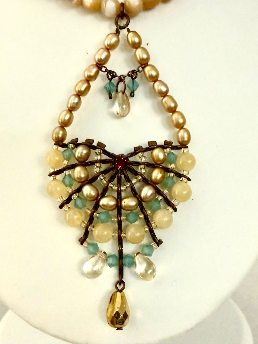 Preston & York Beaded Statement Necklace Pearl Aqua Crystal Pendant Boho
